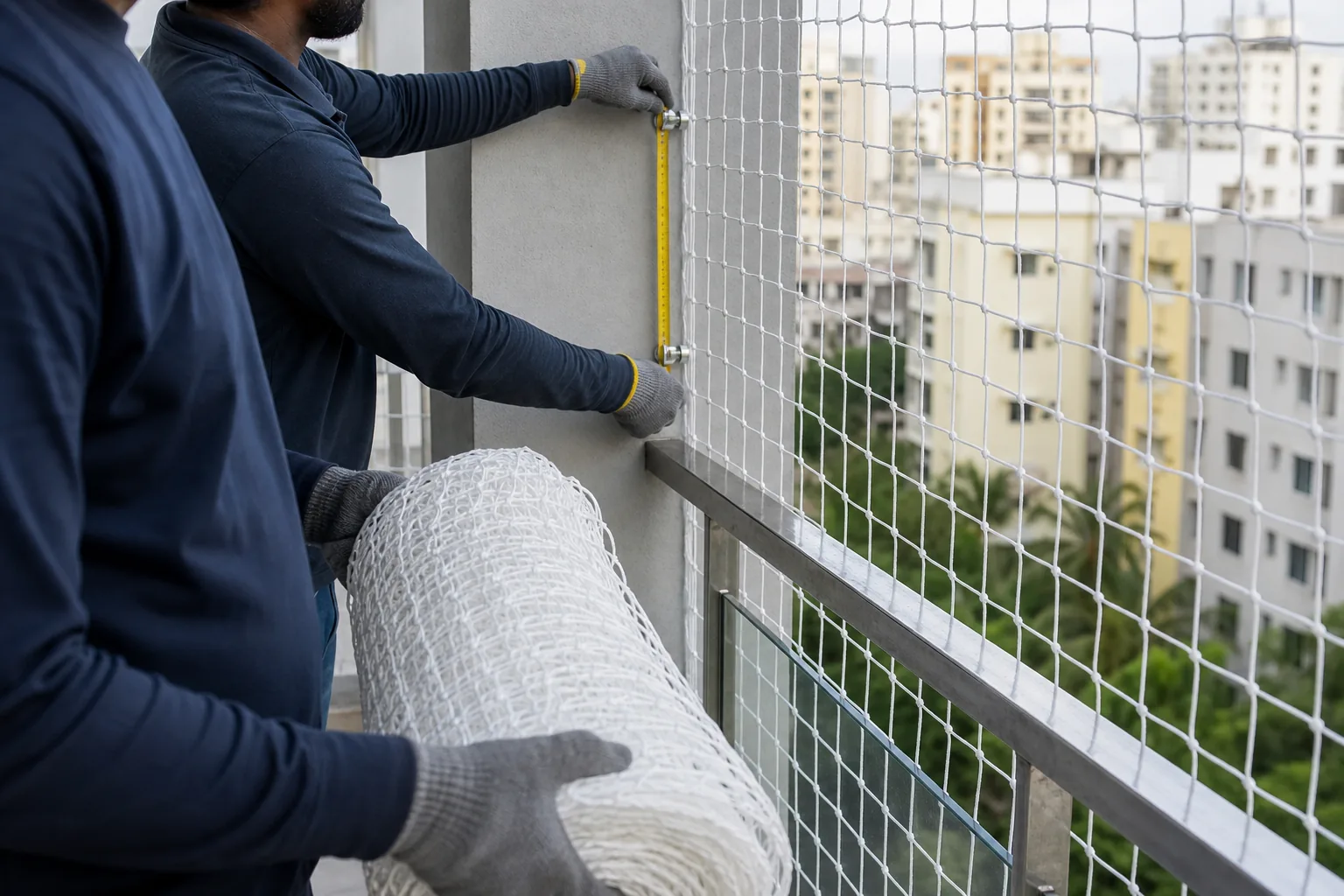 Installation team checking anchor points for a Chennai safety net project