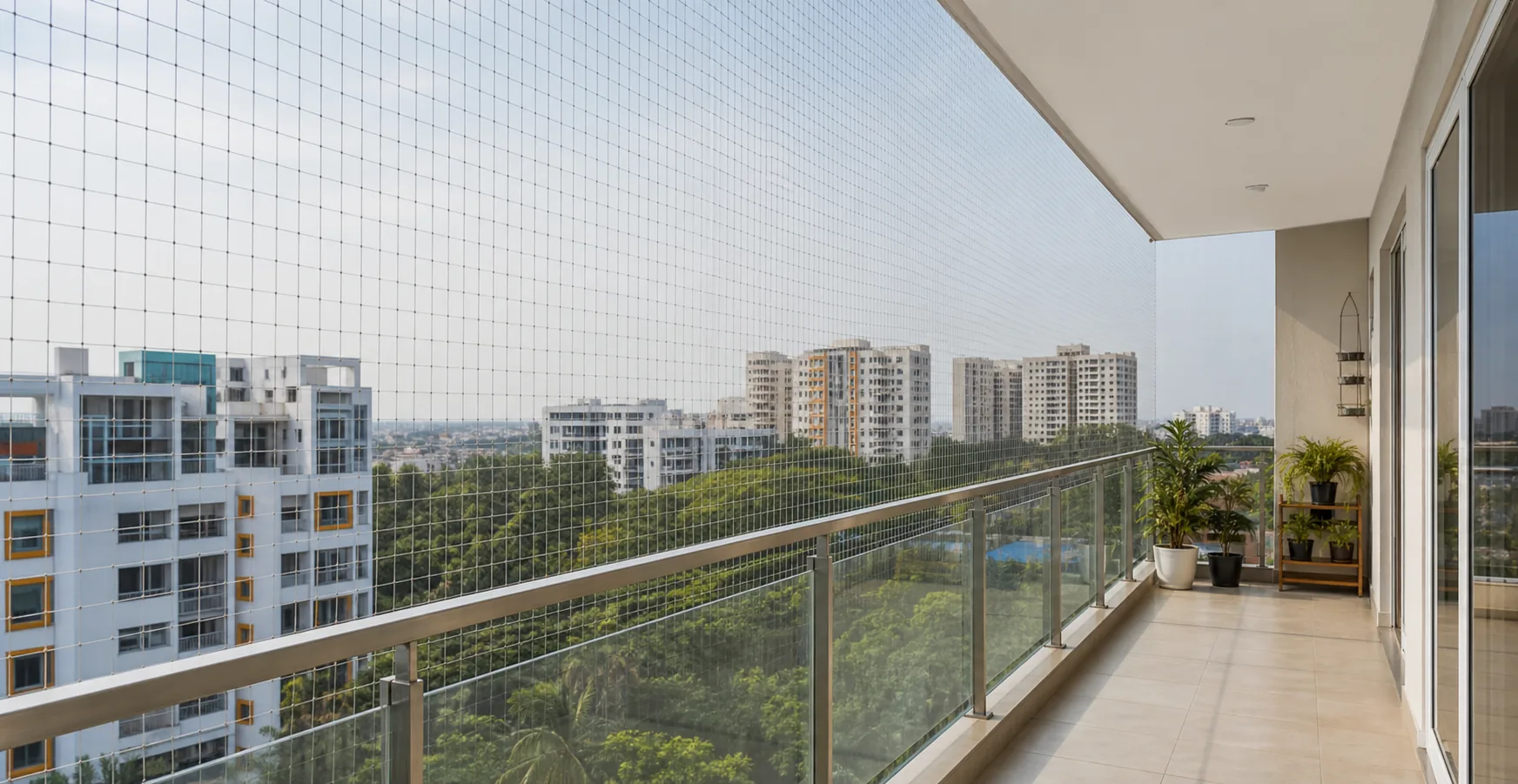 Chennai apartment balcony with neat safety net and open view