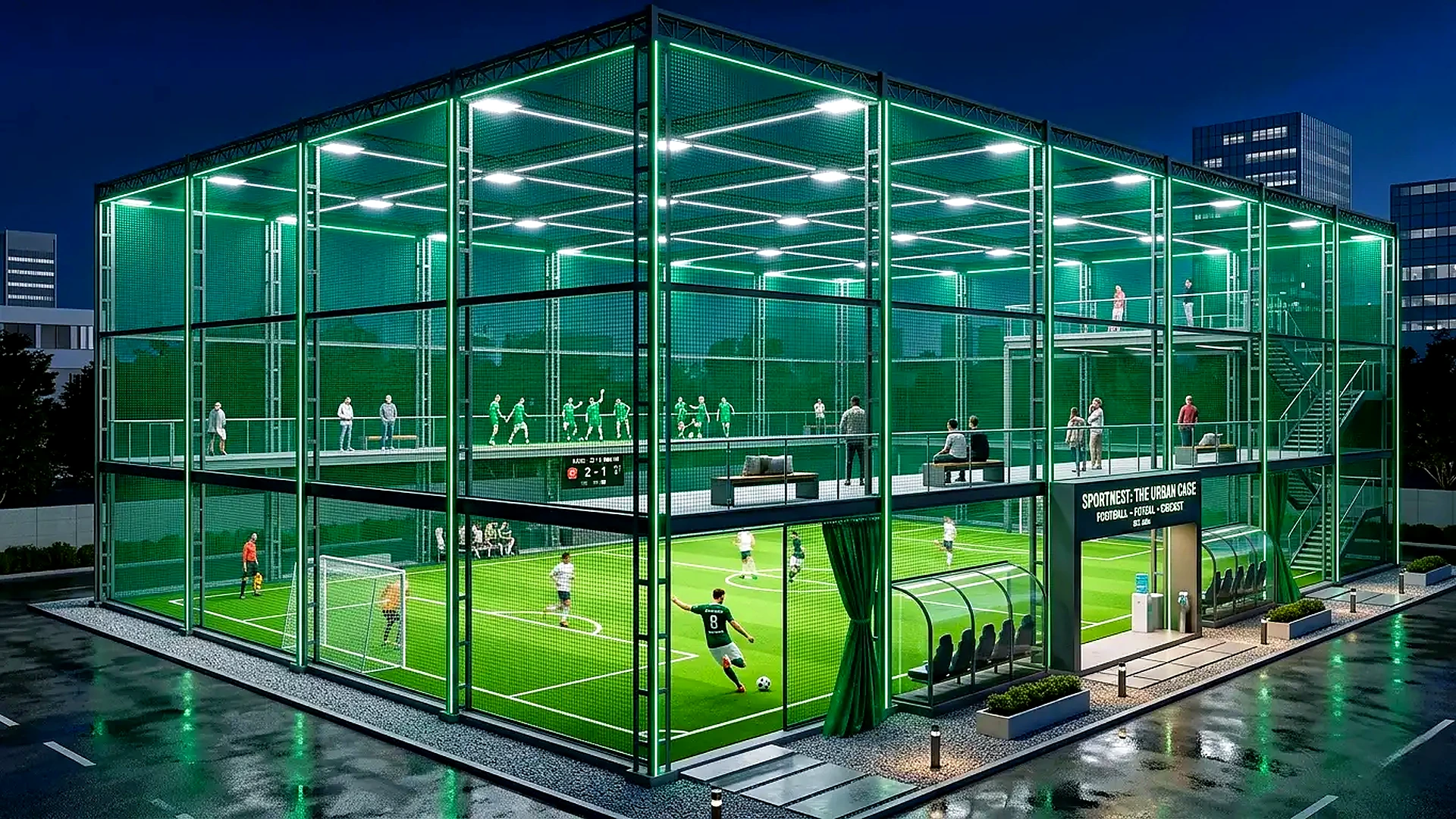 Cricket and football sports net enclosure with night lighting